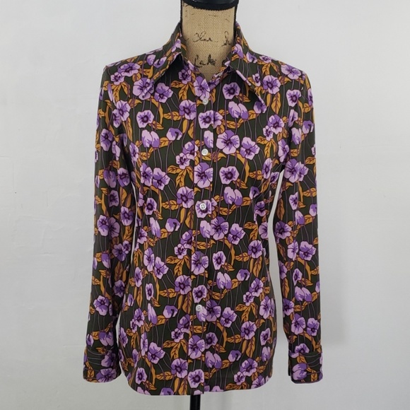 Vintage Tops - Vintage 70's olive green & purple flowered shirt